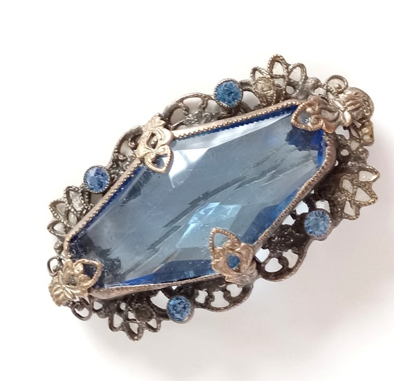 Antique Blue Glass Beaded Brooch, Vintage Blue Gl… - image 1