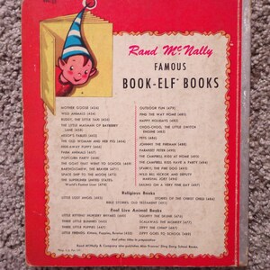 May include: The back cover of a vintage "Book-Elf Books" book by Rand McNally, featuring a cartoon elf illustration. The cover is red with a white border and lists various children's book titles. A vintage collectible.