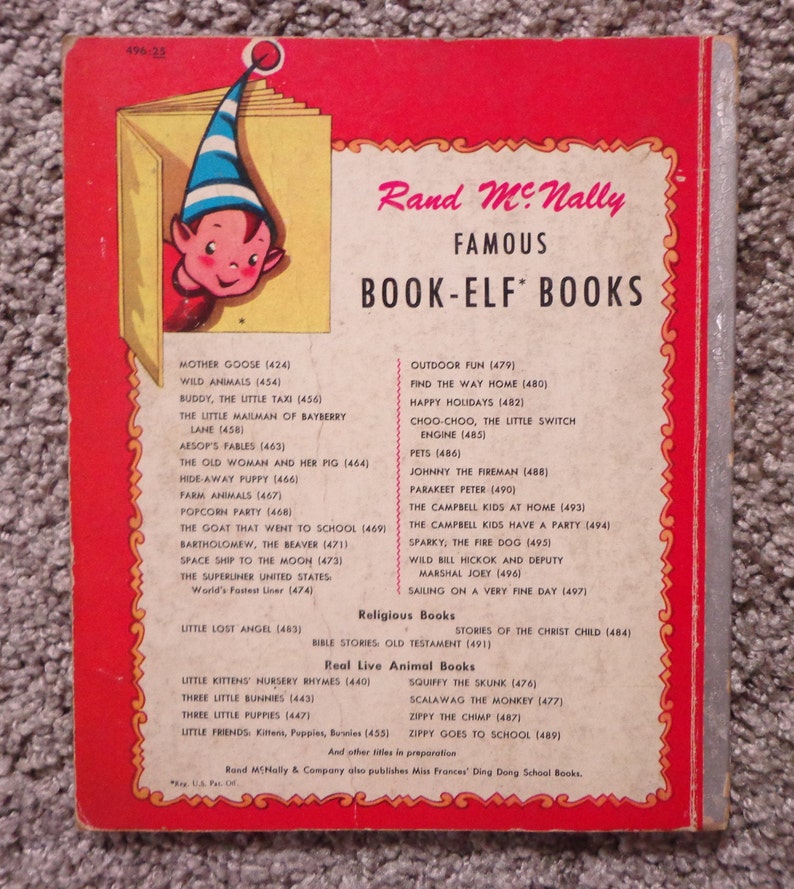 May include: The back cover of a vintage "Book-Elf Books" book by Rand McNally, featuring a cartoon elf illustration. The cover is red with a white border and lists various children's book titles. A vintage collectible.