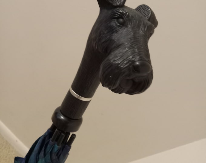 Vintage Aramis Dog Head Handle Umbrella Walking Stick Blue Tartan Plaid