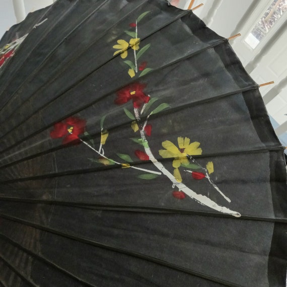 Vintage Hand Painted Asian Parasol Umbrella Bambo… - image 3