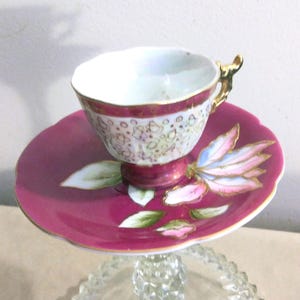 Vintage Japan Burgundy Demitasse Mismatched Set with Large Asian Floral Saucer and Luster and Gold Tea Cup Designs Elegant Gold Handle