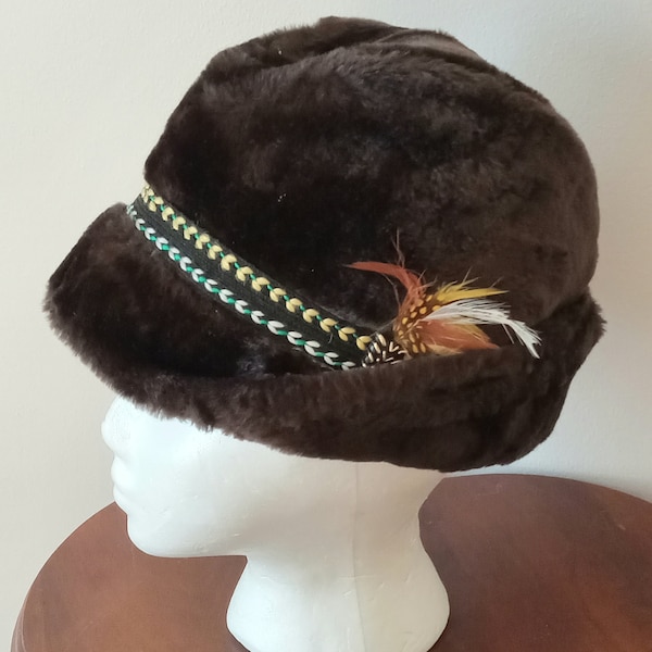 Dark Chocolate Brown Faux Fur FEDORA with Feather Accent by United Hatters Cap & Millinery 1980s Size M