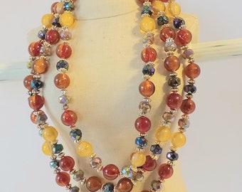 Triple Strand AB Beads Necklace with AmberTone and Honey Tone Lucite Round Beads and Gold metal Spacers on Adjustable Beaded Necklac