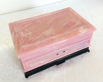 Antique La Tausca Pink Celluloid Jewelry Box: 1930s Dragon Design