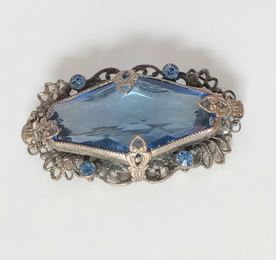 Antique Blue Glass Beaded Brooch, Vintage Blue Gl… - image 8