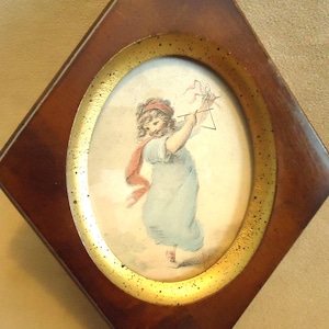 Hudson&#39;s Vintage Small Child Wall Art in Wood Frame with Original Hudsons Tag, Little Girl Art Behind Glass