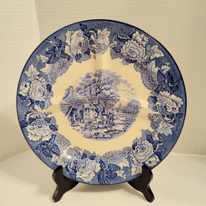 Enoch Woods English Scenery Grill Plate Blue White Woods Ware Divided Plate Wood & Sons England 10 1/2&quot;