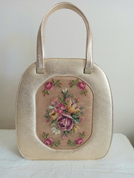 Vintage Large Handbag Gold Metalic Lame Needlepoi… - image 1