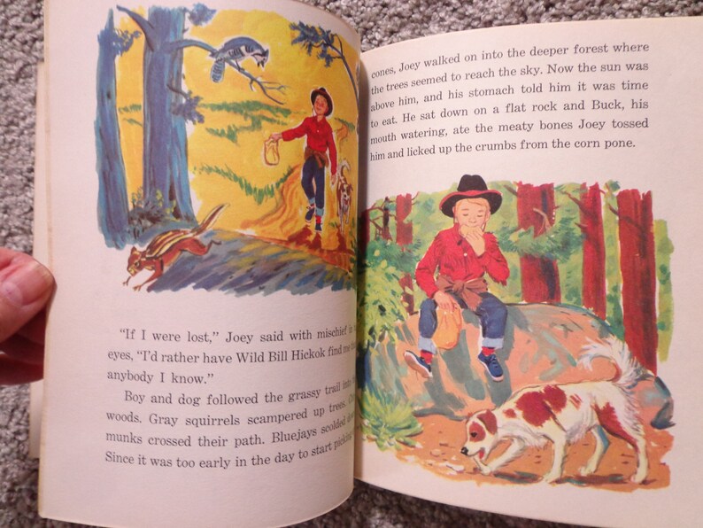 May include: An illustration from a vintage children's book shows a boy in a red shirt and cowboy hat, with a dog, in a forest. The artwork uses bright colours and depicts a narrative scene.
