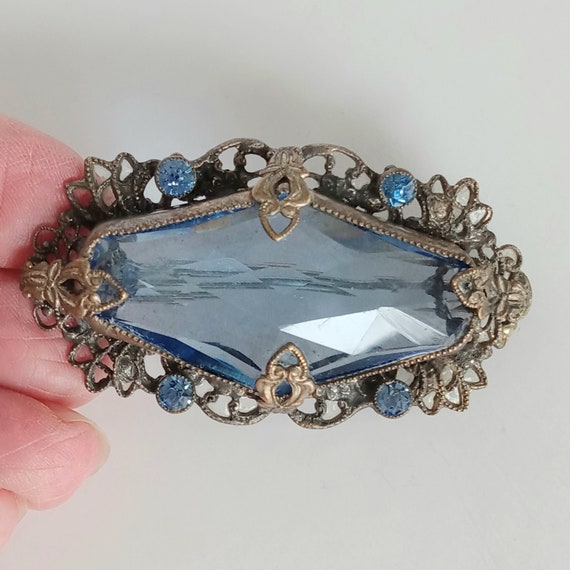 Antique Blue Glass Beaded Brooch, Vintage Blue Gl… - image 7