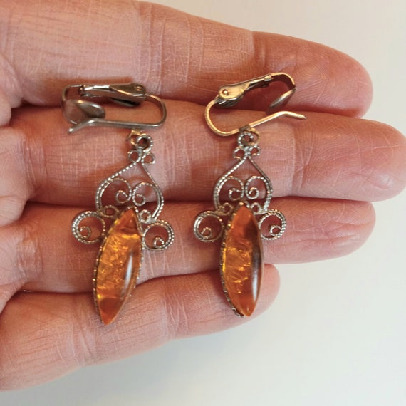 Amber Tone Marquis Dangle Lever Back Earrings Orn… - image 5