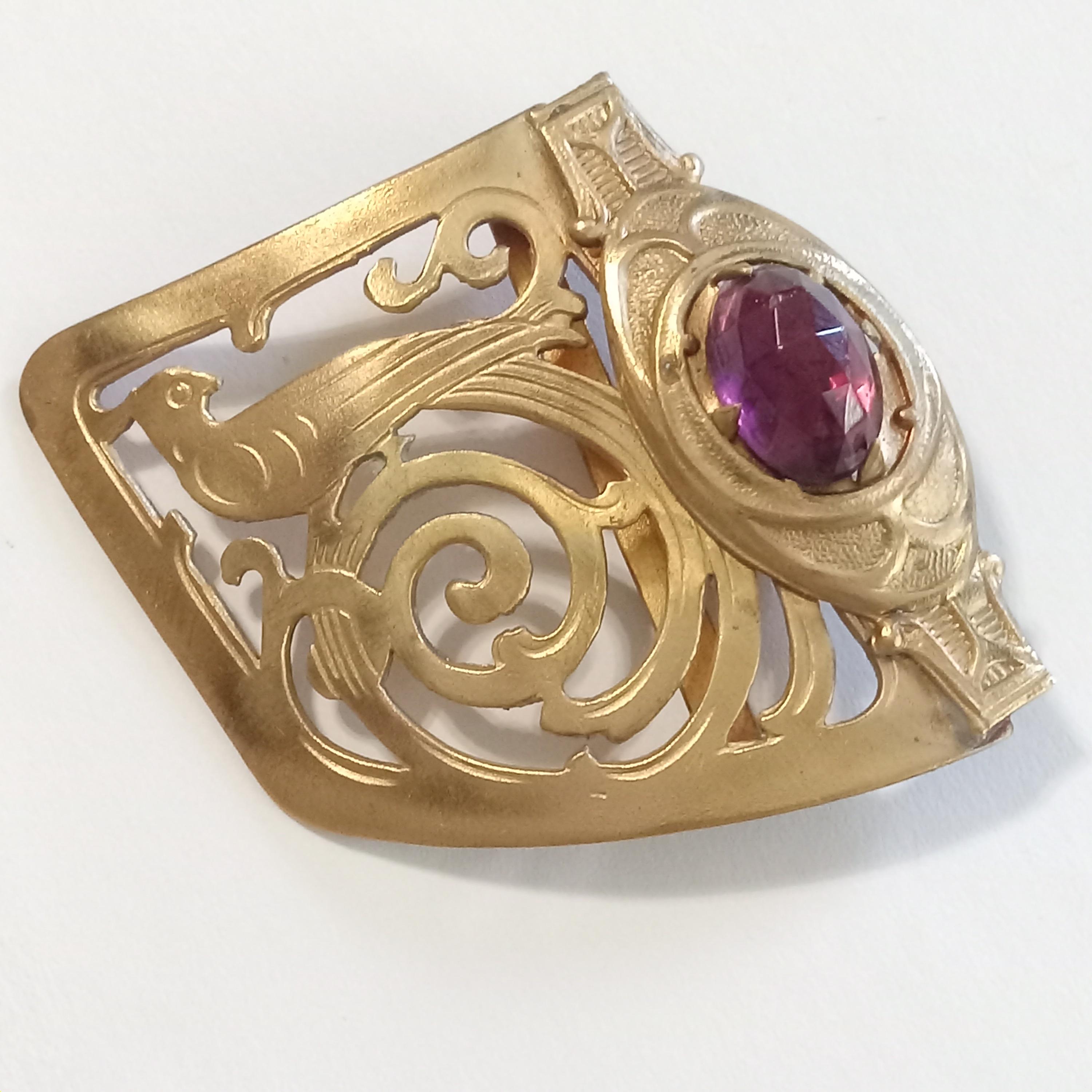 Antique Art Nouveau Bird Belt Buckle: Gold Tone & Amethyst Glass Cabochon