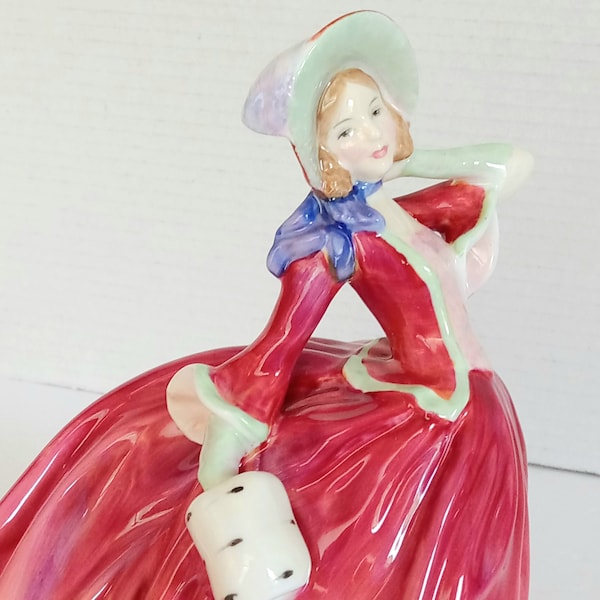 Royal Doulton AUTUMN BREEZES Bone English China Red Dress and Fur Muff Lady Figurine Pink Bodice Blue Ribbon HN 1934