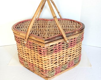 Extra Large Bamboo Heart Basket Lidded 2 Handles Basket Picnic Basket 18"