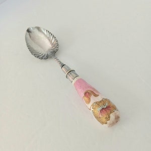 Stunning Antique Serving Spoon Mauve Pink Gold Floral Ceramic