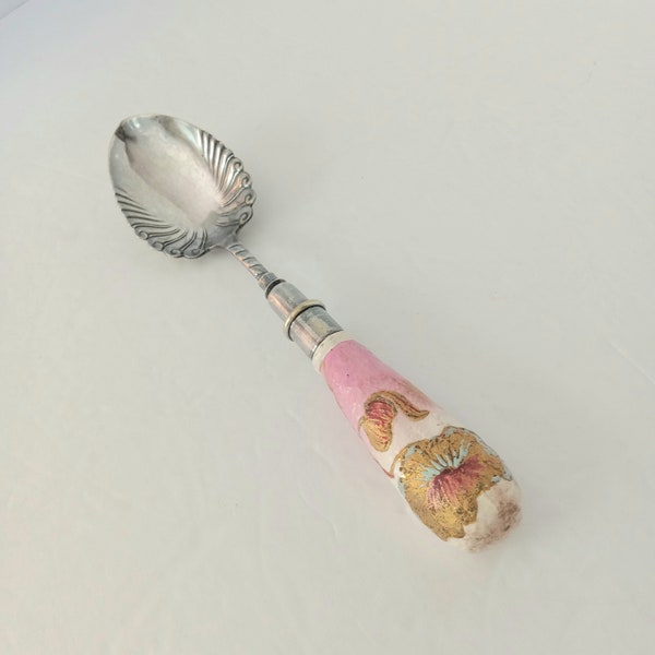 Stunning Antique Serving Spoon Mauve Pink Gold Floral Ceramic Handle Fluted Silver Plate Bowl Rogers Bros 19th Century