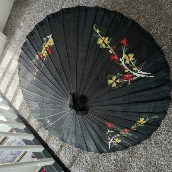 Vintage Hand Painted Asian Parasol Umbrella Bambo… - image 2