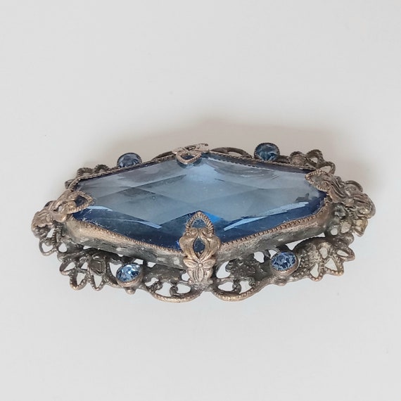 Antique Blue Glass Beaded Brooch, Vintage Blue Gl… - image 5