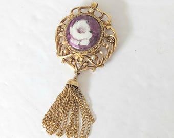 Vintage 1960s Gold Tone Tassel Brooch: Victorian Revival Rose Stone Pendant