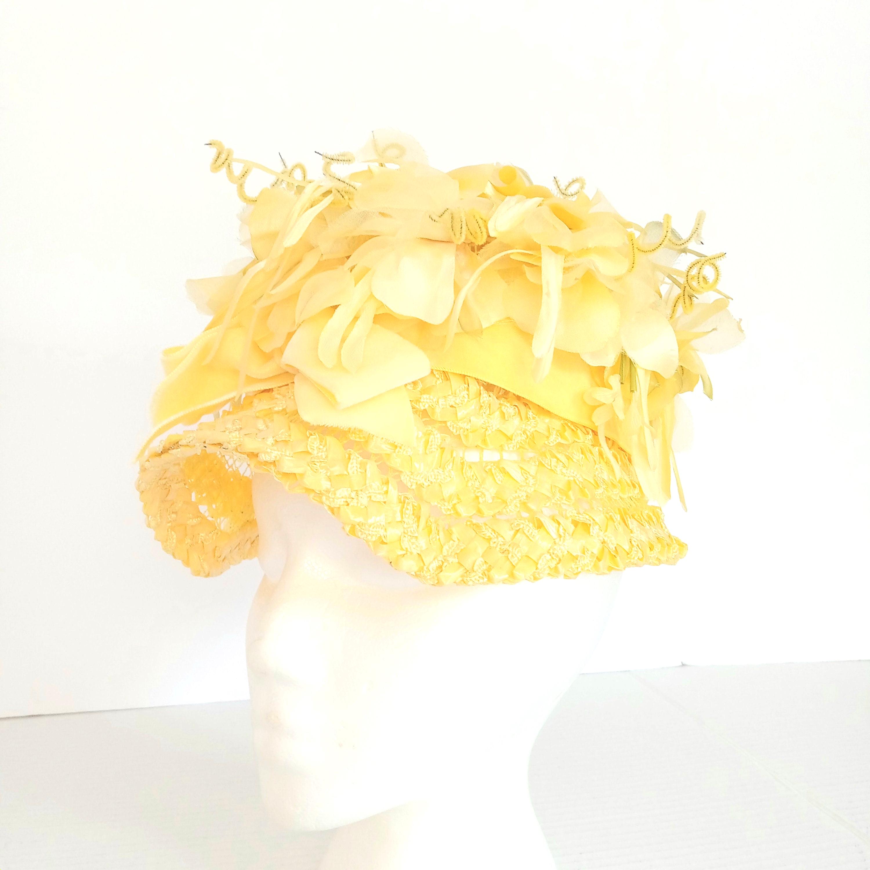 Vintage Yellow Floral Bucket Hat: Chiffon Flowers & Hat Pin  display picture 3