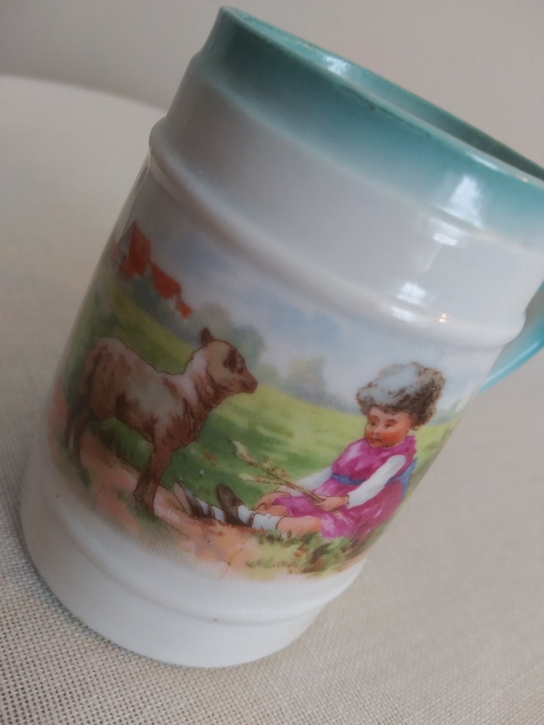 Antique Children/'s Mug Tea Cup Adorable Antique Child/'s Cup Little Girl with Lamb and Turquoise Accents 3 12 Tall
