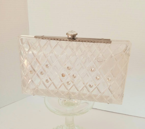 Vintage 1950’s Clear Lucite Clutch Purse Pave Dia… - image 10