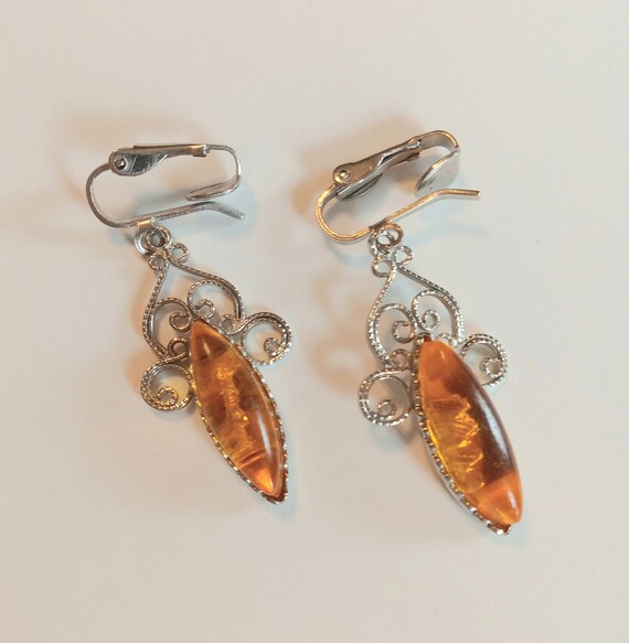 Amber Tone Marquis Dangle Lever Back Earrings Orn… - image 1