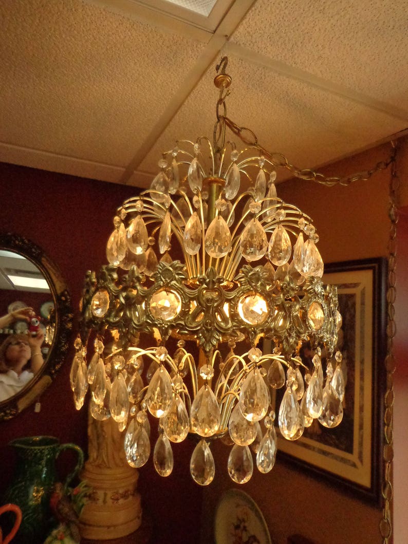 Crystal Prisms Swag Chandelier Ornate Brass Filigree And Image 0