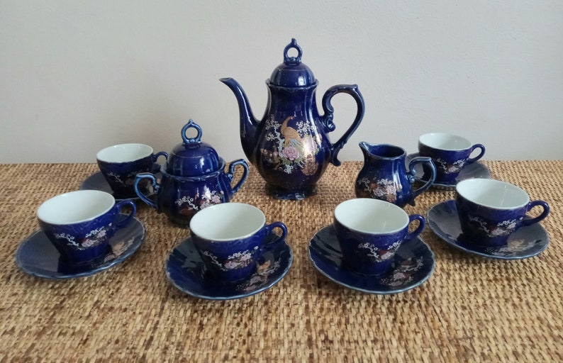 Cobalt Blue Music Box Tea Set 15 PC Coffee Set Peacock Design Etsy