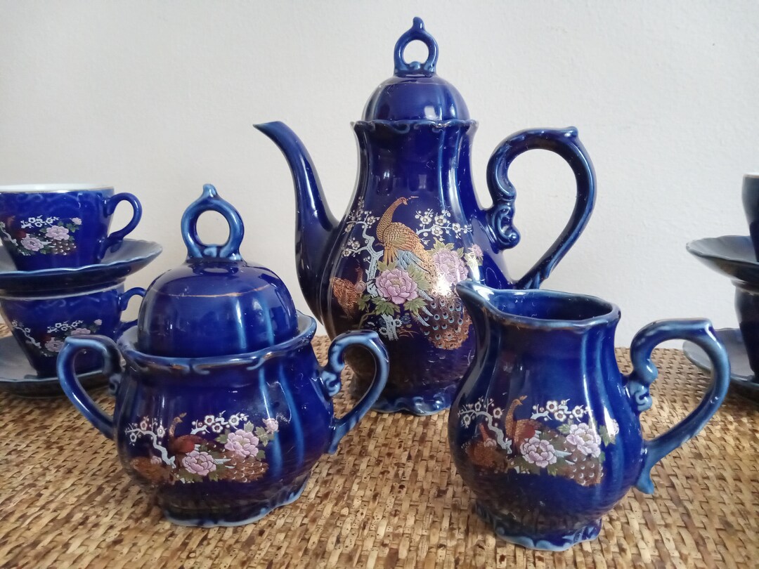 Cobalt Blue Music Box Tea Set 15 PC Coffee Set Peacock Design Etsy