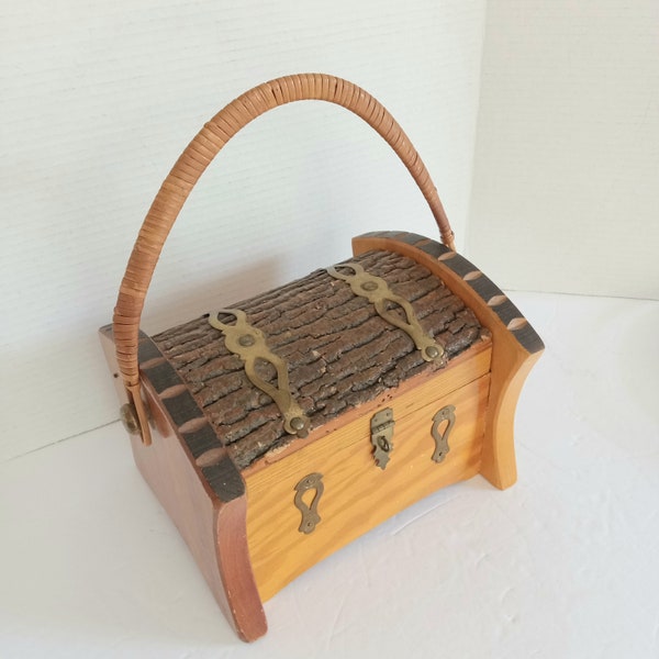 Vintage Rustic Bark and Wood Box Purse, Treasure Box Purse with Brass Latches Accents and Wrapped Wicker Reed Top Handle