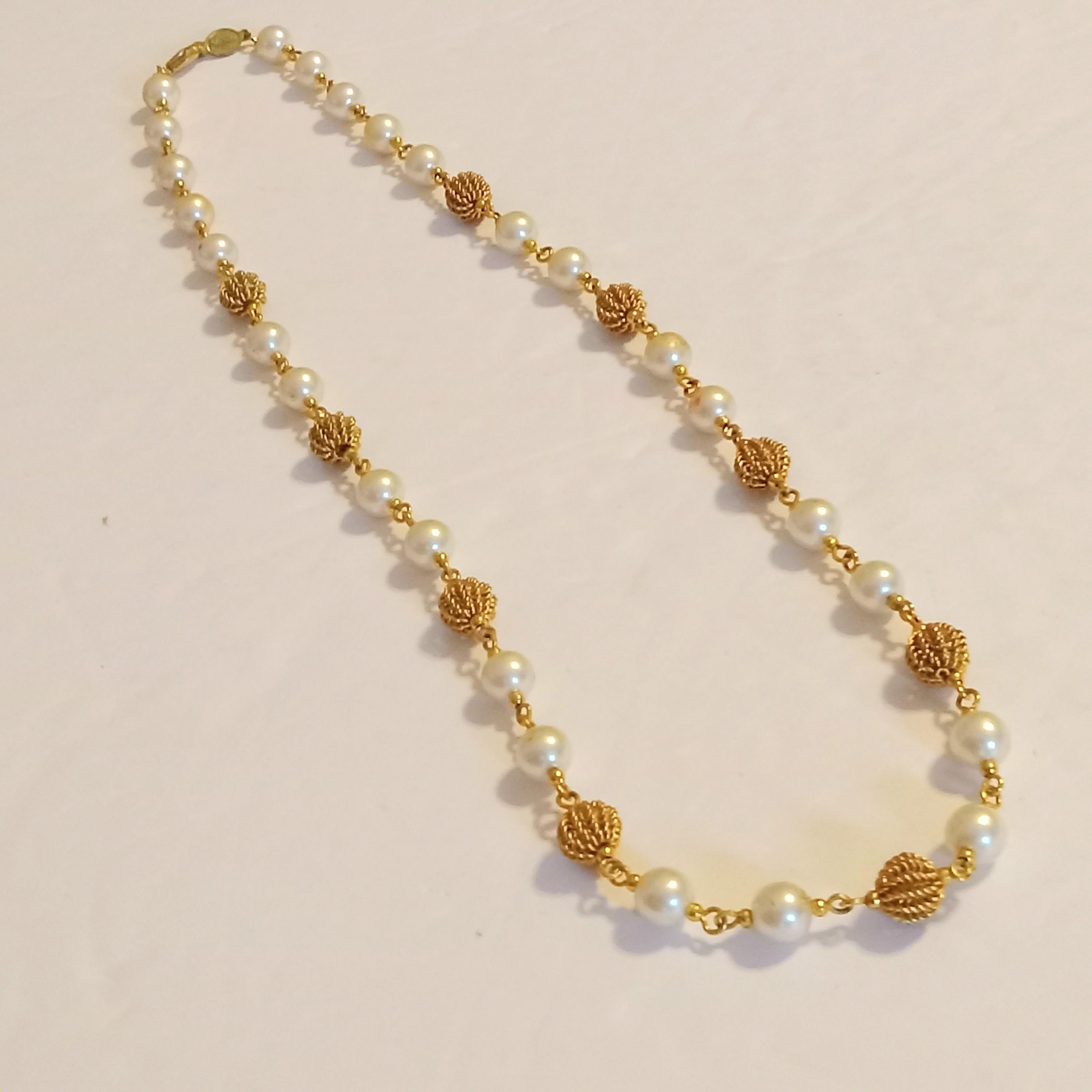 NAPIER Faux Pearls Ornate Gold Tone Chain Balls Accents 24