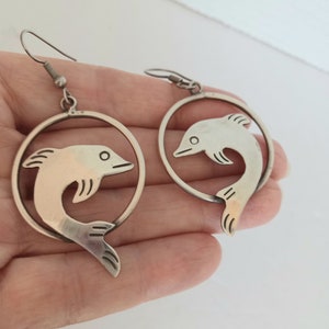 Dolphins Sterling Silver Earrings .925 Dolphin Design Silver pierced Dangle Earrings