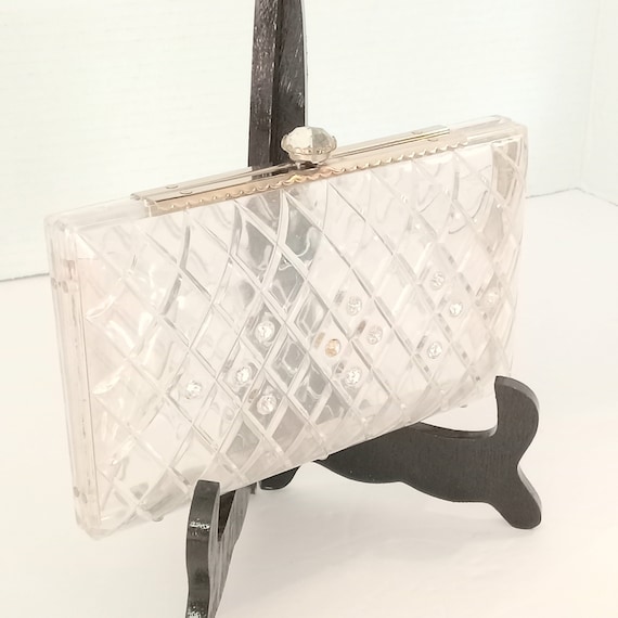 Vintage 1950’s Clear Lucite Clutch Purse Pave Dia… - image 1