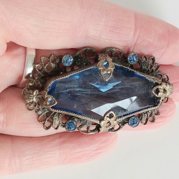 Antique Blue Glass Beaded Brooch, Vintage Blue Gl… - image 10