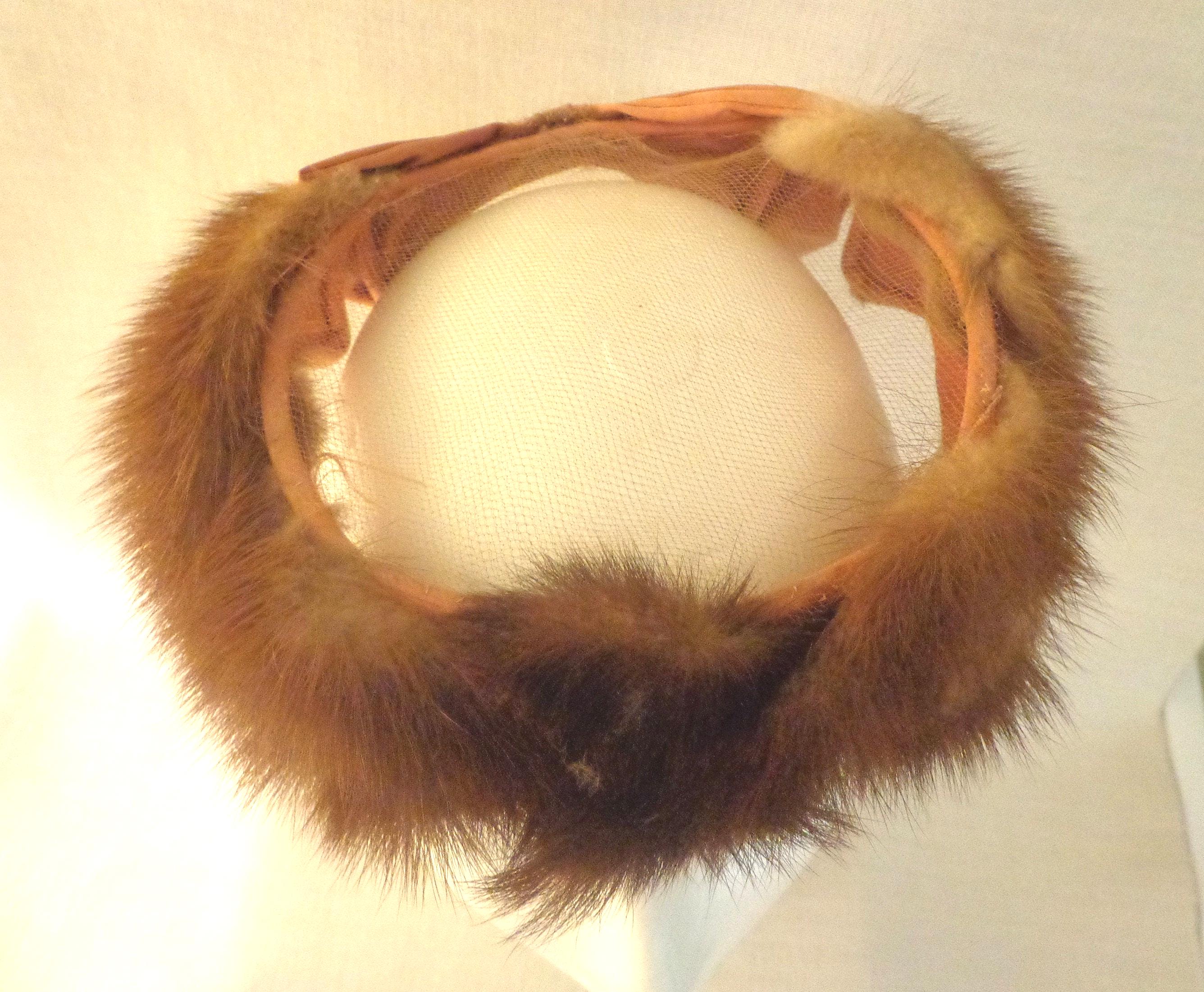 Vintage 1950s Champagne Mink Fur Headband With Salmon Satin 