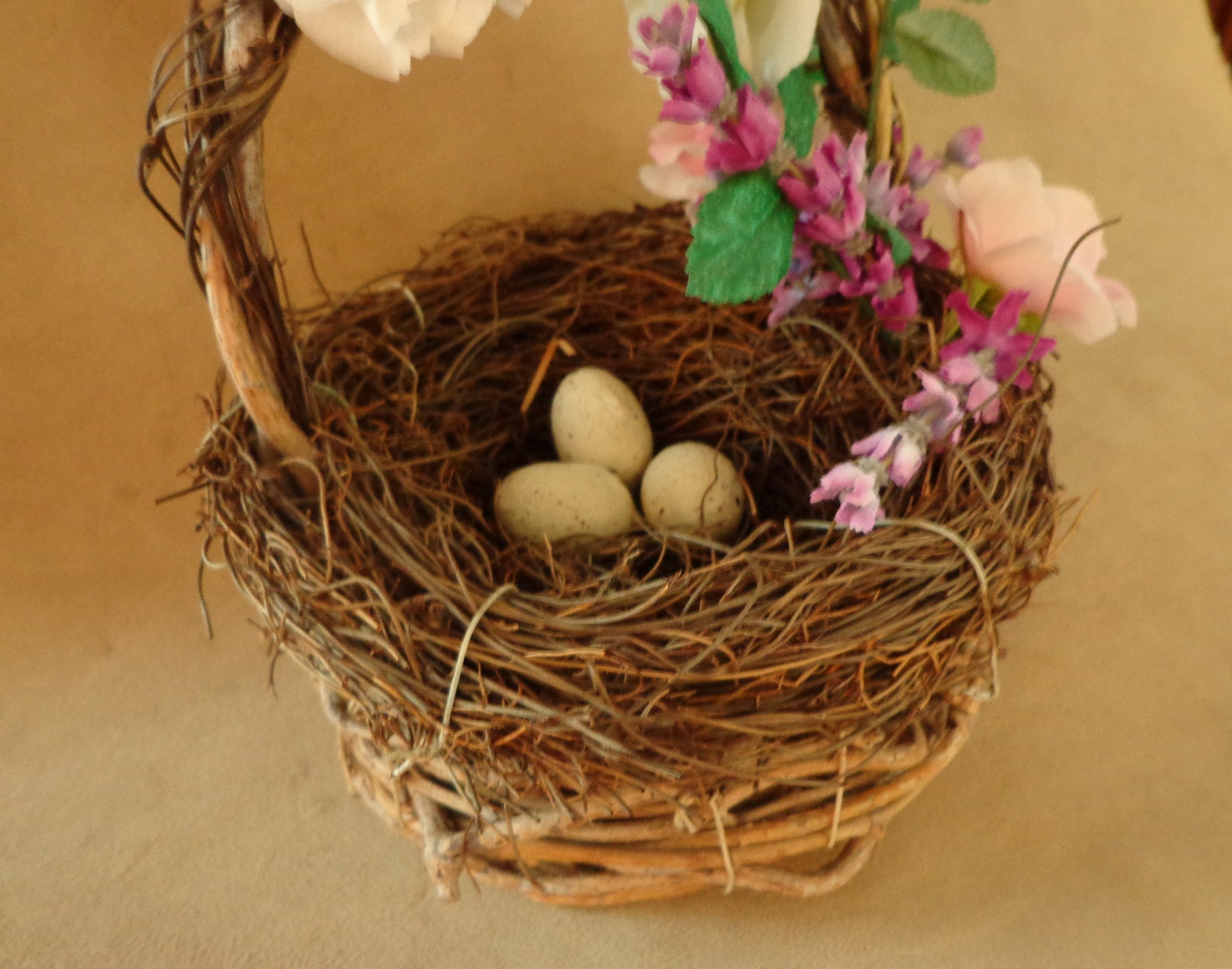Bird's Eggs Nest Basket with Rose Vine Accent Natural Etsy