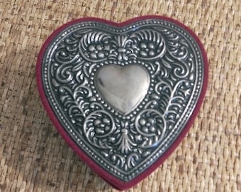 Burgundy Red Velvet Heart Jewelry Box with Raised Filigree and Heart Ornate Silver Plate Lid