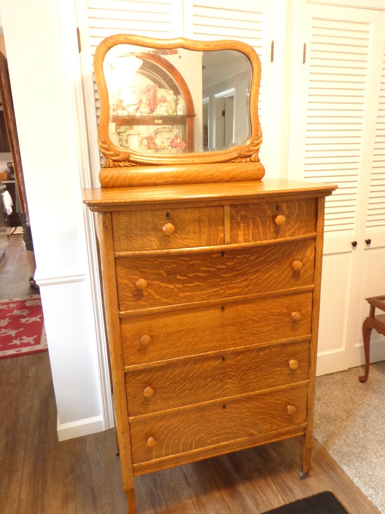 Antique Tiger Oak Tall Dresser With Beveled Glass Mirror 1910s Etsy