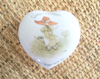 Holly Hobbie Heart Shaped Trinket Box, Fine Porcelain Folk Girl Ring Dish, Trinket Box, 1974, Made in Japan, Holly Hobbie Collectible
