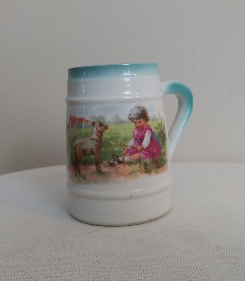Antique Children/'s Mug Tea Cup Adorable Antique Child/'s Cup Little Girl with Lamb and Turquoise Accents 3 12 Tall