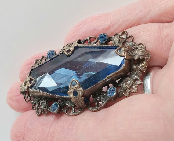 Antique Blue Glass Beaded Brooch, Vintage Blue Gl… - image 9