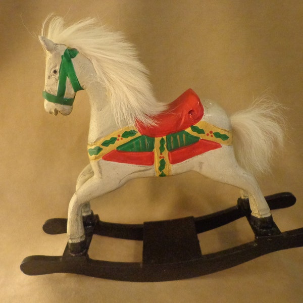 Large Wood Christmas Rocking Horse with Real Fur Mane and Tail? Gold Green and Red Christmas Hand Painted Detailing 9 1/2" tall