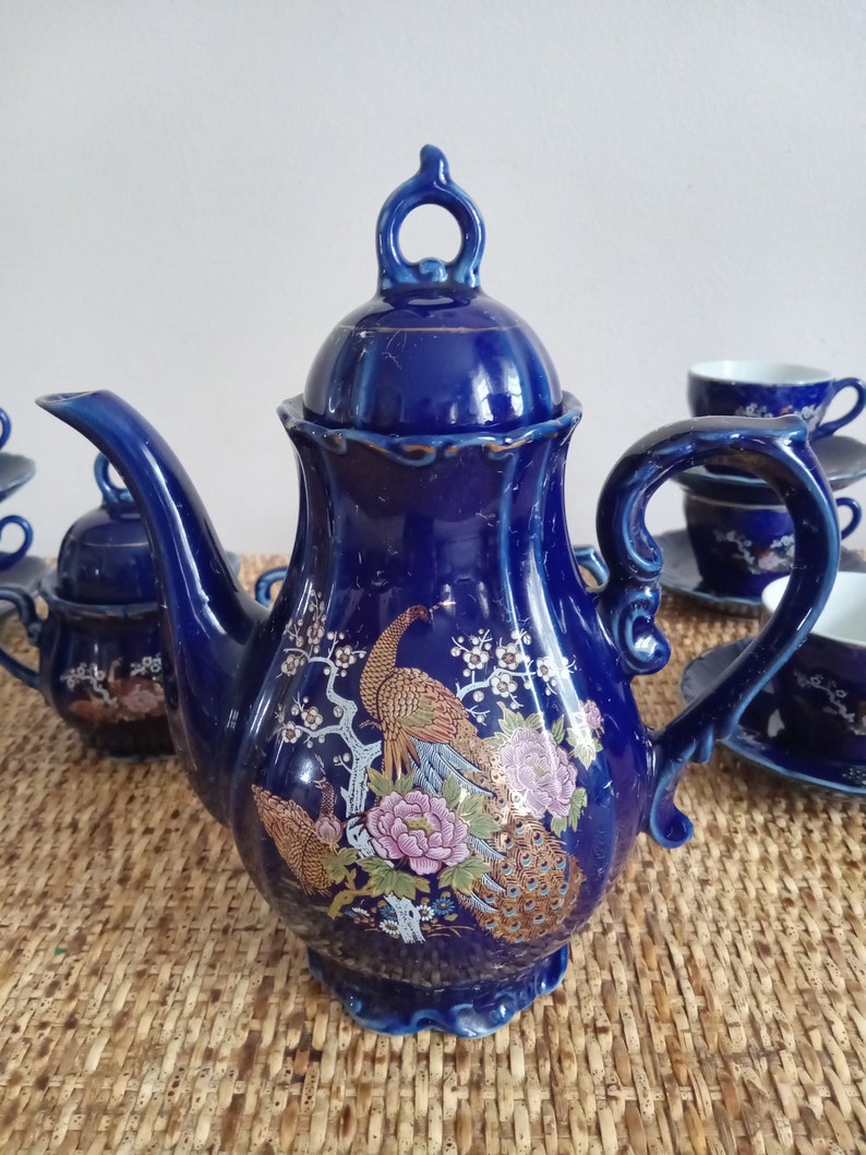 Cobalt Blue Music Box Tea Set 15 PC Coffee Set Peacock Design Etsy