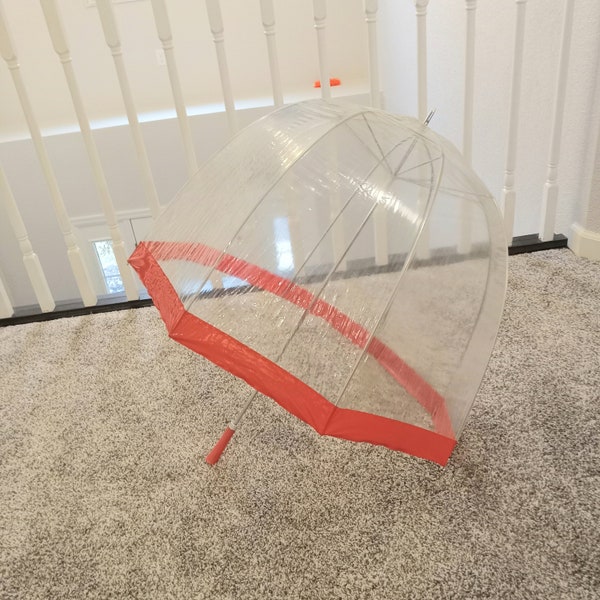 Vintage 60s /70s Umbrella Red Clear Vinyl Dome Parasol Mod Retro Mid century Canopy Rain Accessory Lucent Coral Pink Stick Handle Snap Close