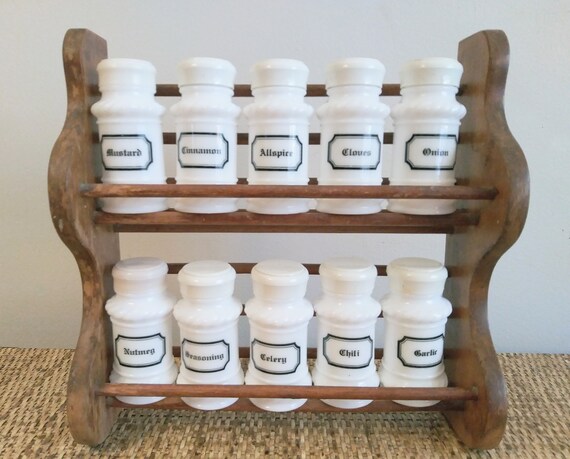 Vintage Milk Glass Spice Jars and Wood Spice Jars Rack Spiral Milk Glass Design Etsy Canada