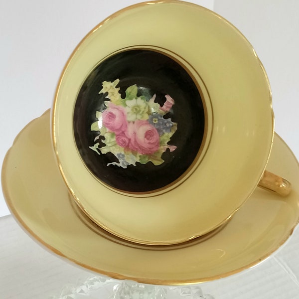 Stanley Black and Soft Yellow Pink Roses Bone China Teacup Made In England, 1960s Fine Englsih Bone China Teacup and Saucer Set