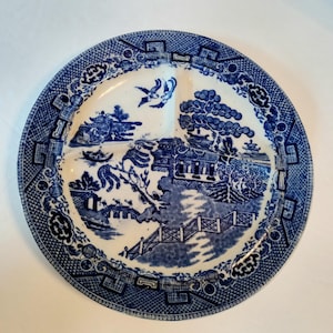 Antique Flow Blue English Grill Plate Blue Willow Pattern Made In England 1800s Antique Ironstone Blue White Grill Plate 10&quot;
