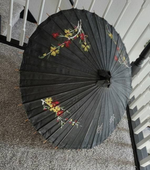 Vintage Hand Painted Asian Parasol Umbrella Bambo… - image 4